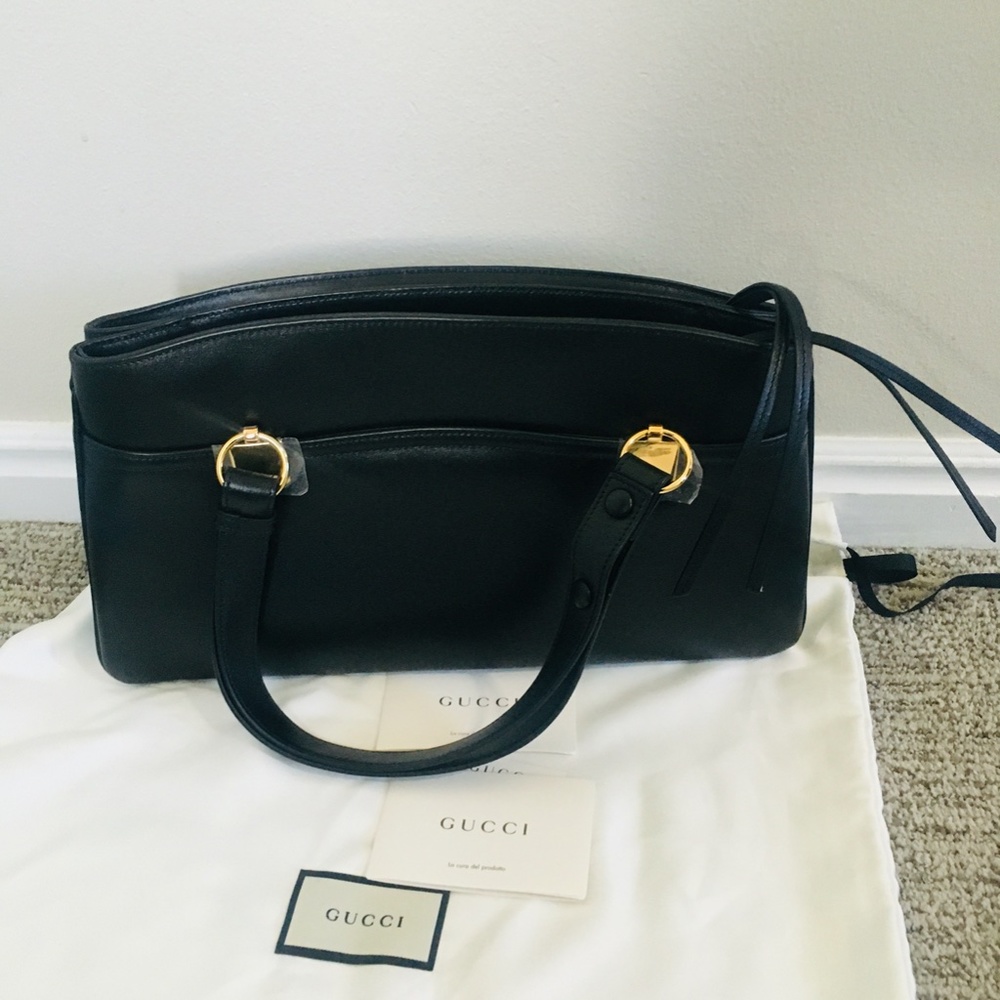 New Authentic Gucci Large GG Leather Top Handle Bag Black Gold - Picture 8 of 15